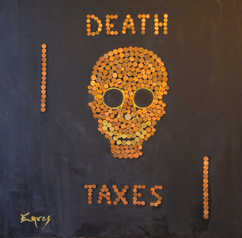 Death Taxes Dimensions: 100X 100. Technique mixte et résine & Mixted technics with real euros.