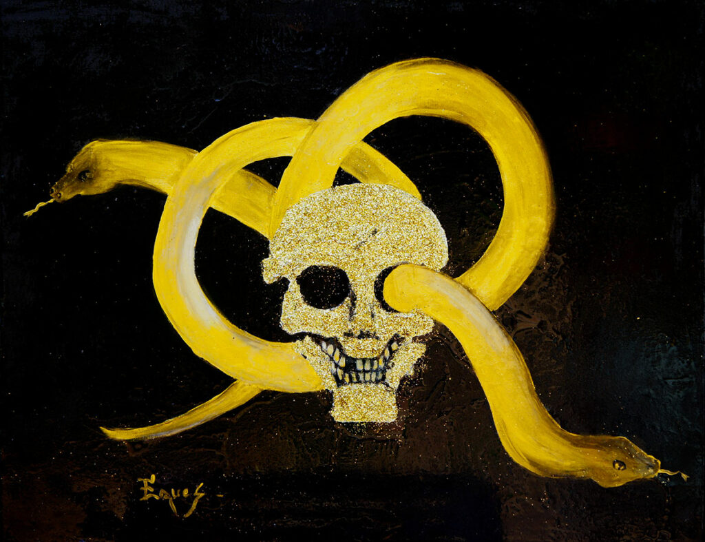 Skull & Snakes Technique mixte et résine Dimension : 60 X 80